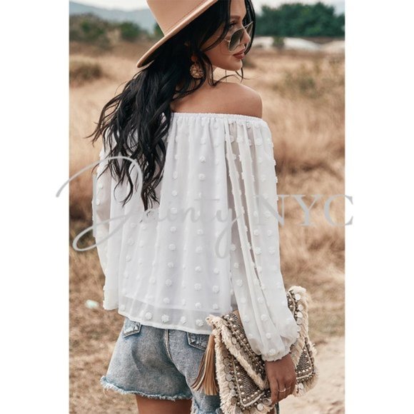 Boho Off Shoulder Loose Bubble Sleeve Top Gypsy - Picture 4 of 8